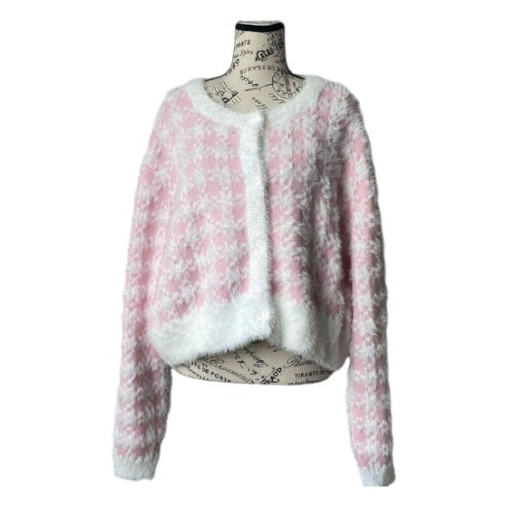ASOS pink houndstooth fur button up cardigan sweater size 14